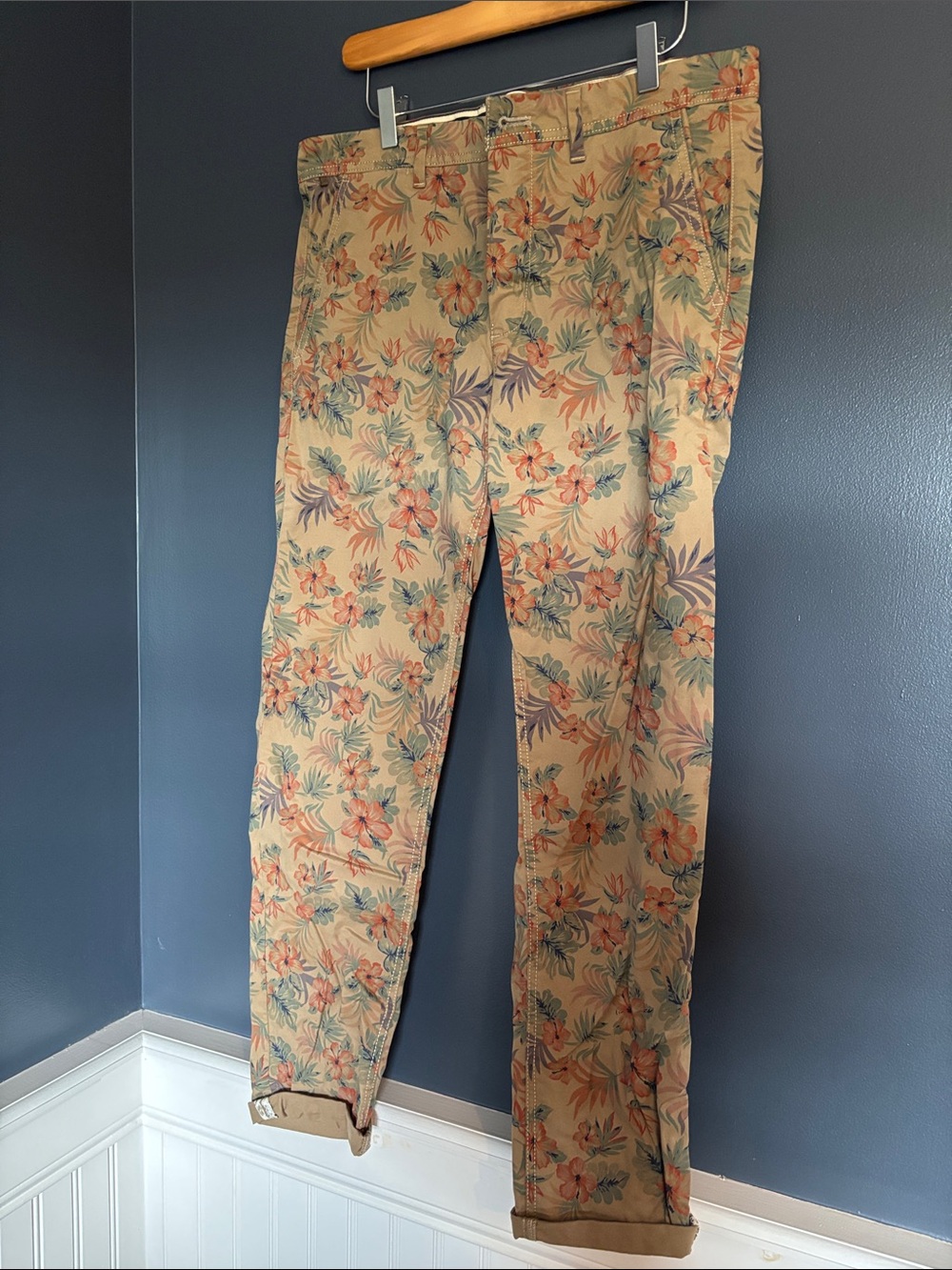 Men's Floral Chino Pants in Beige with Tropical Print